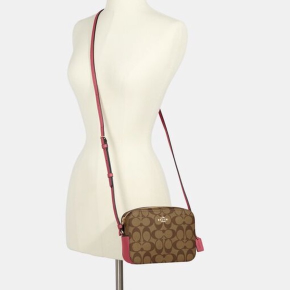 Coach Mini Camera Crossbody Bag In Signature Canvas  Khaki Fushia Pink - Picture 4 of 11